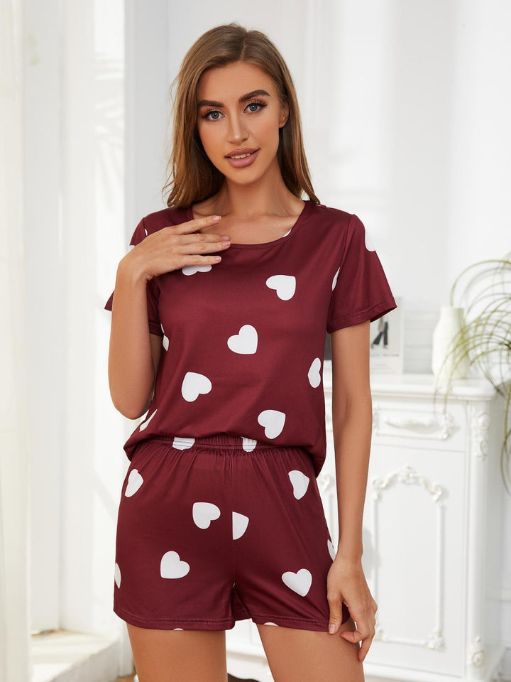 Heart Round Neck Top and Shorts Lounge Set