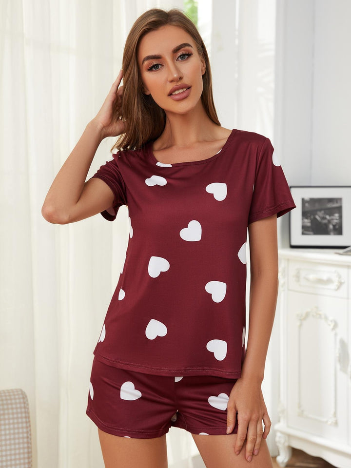 Heart Round Neck Top and Shorts Lounge Set