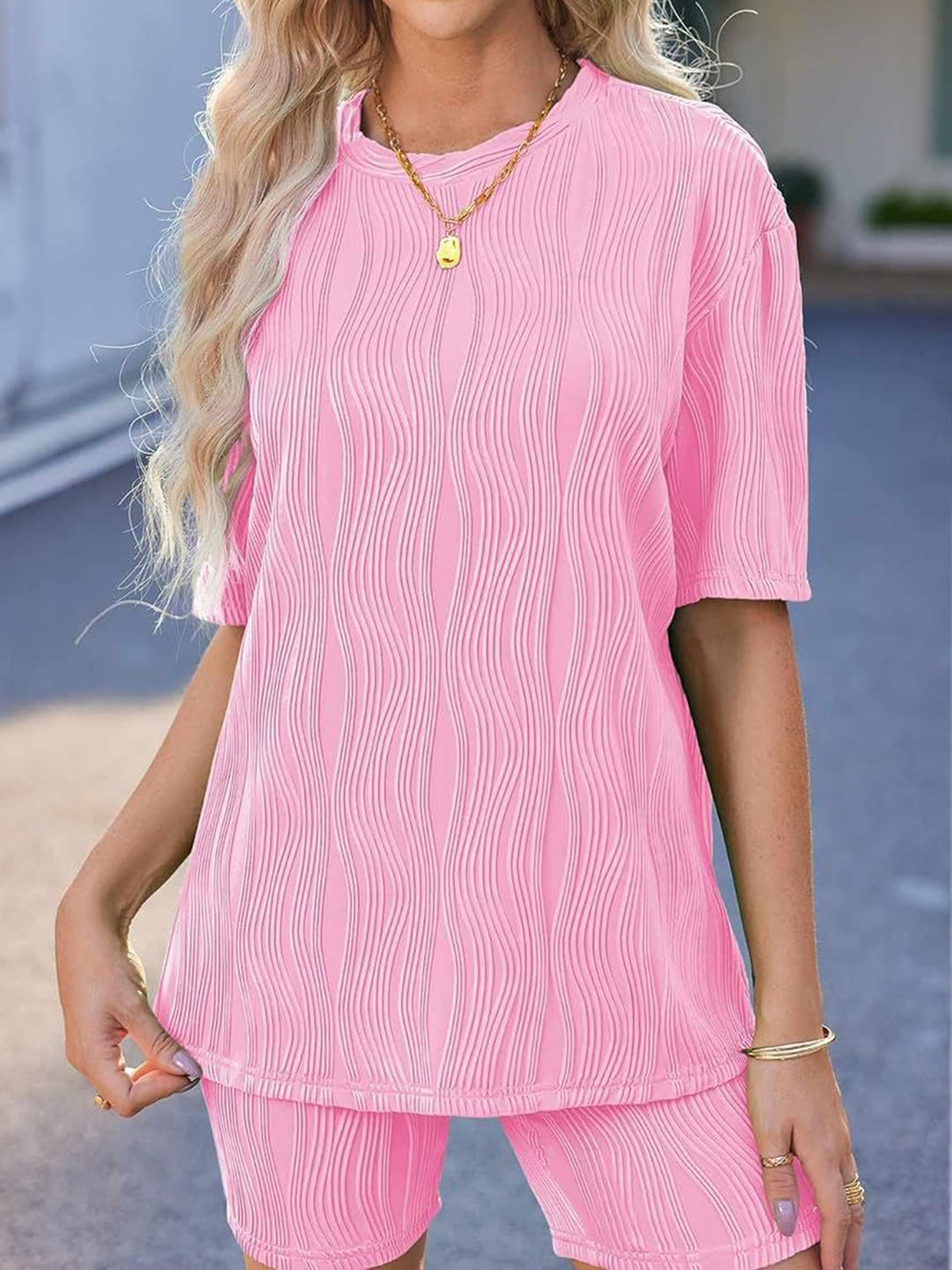 Textured Round Neck Half Sleeve Top and Shorts Set