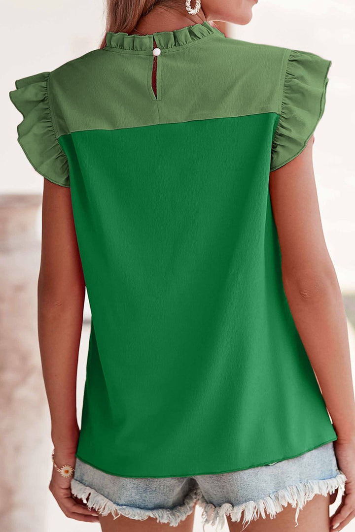 Ruffled Color Block Round Neck Cap Sleeve Blouse
