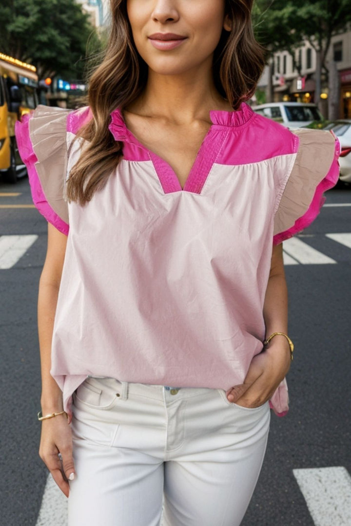 Ruffled Color Block Notched Cap Sleeve Blouse