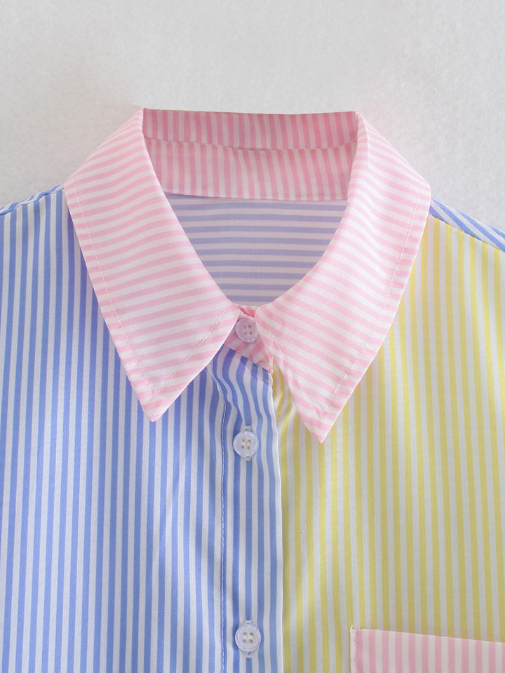 Pocketed Color Block Long Sleeve Shirt