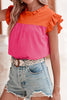 Ruffled Color Block Round Neck Cap Sleeve Blouse