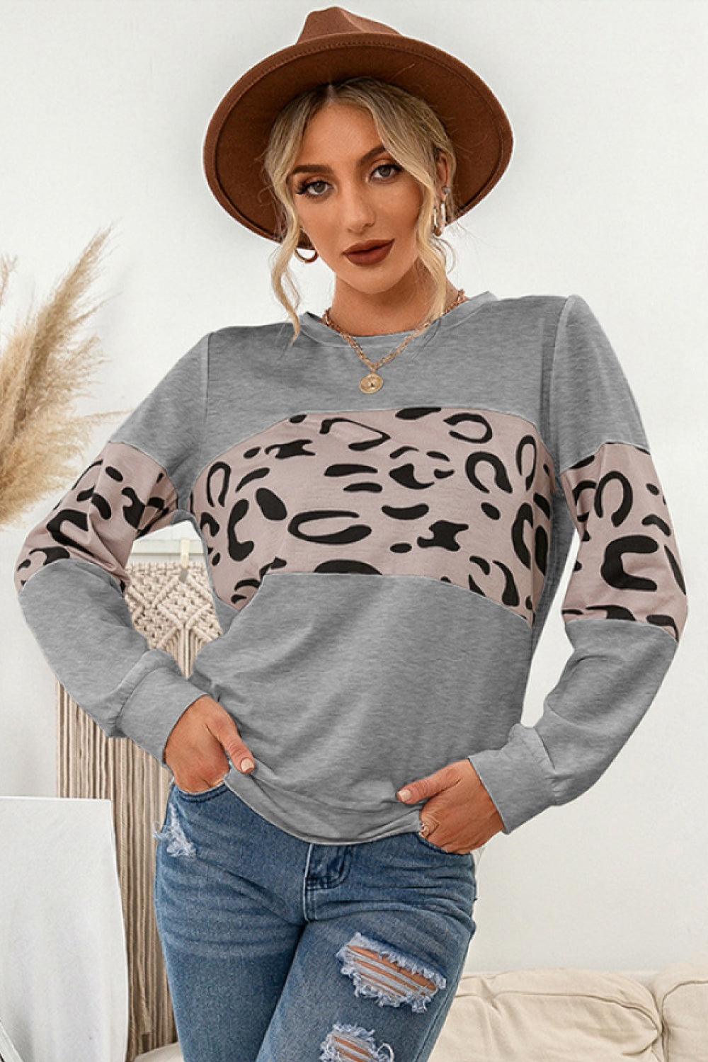 Contrast Leopard Crewneck Sweatshirt - BELLATRENDZ