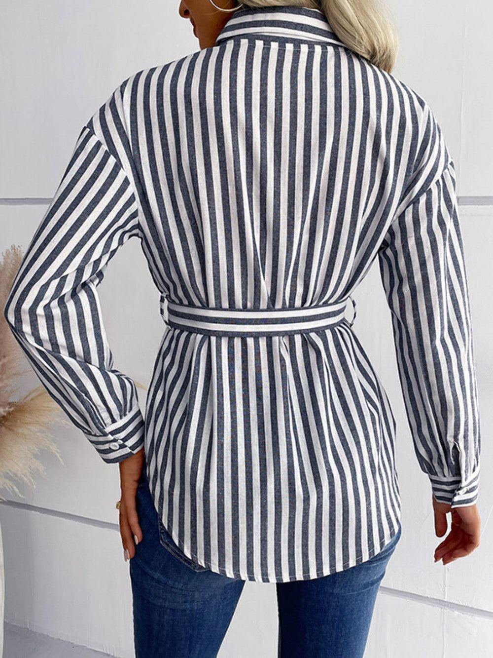Striped Curved Hem Belted Shirt - BELLATRENDZ