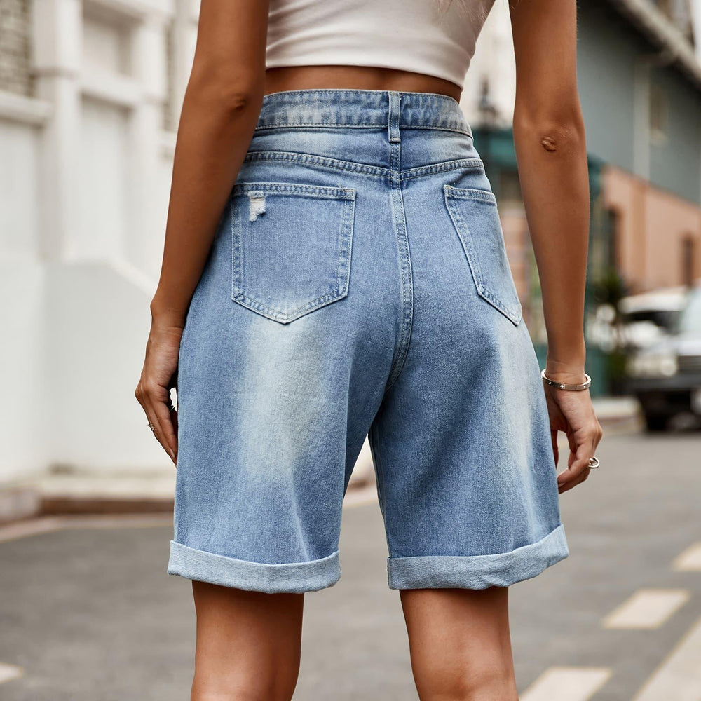 Distressed Buttoned Denim Shorts with Pockets - BELLATRENDZ