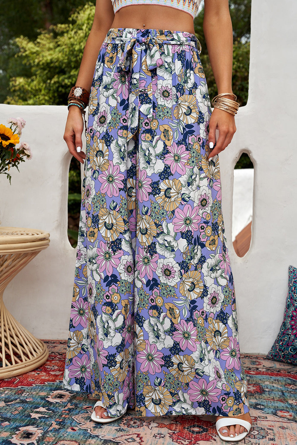 Tie-belt printed palazzo pant