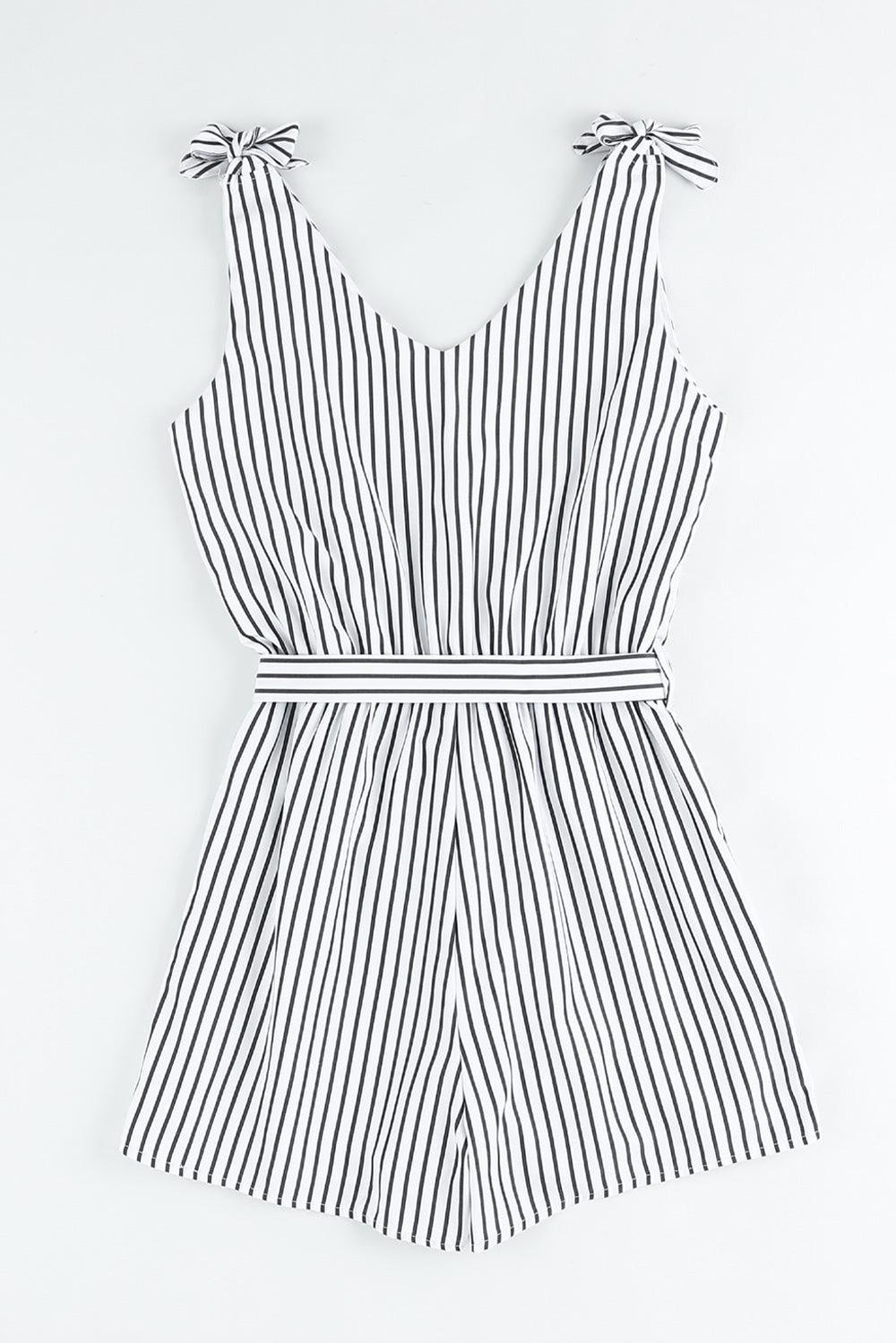 Striped Tie-Shoulder Belted Surplice Romper - BELLATRENDZ