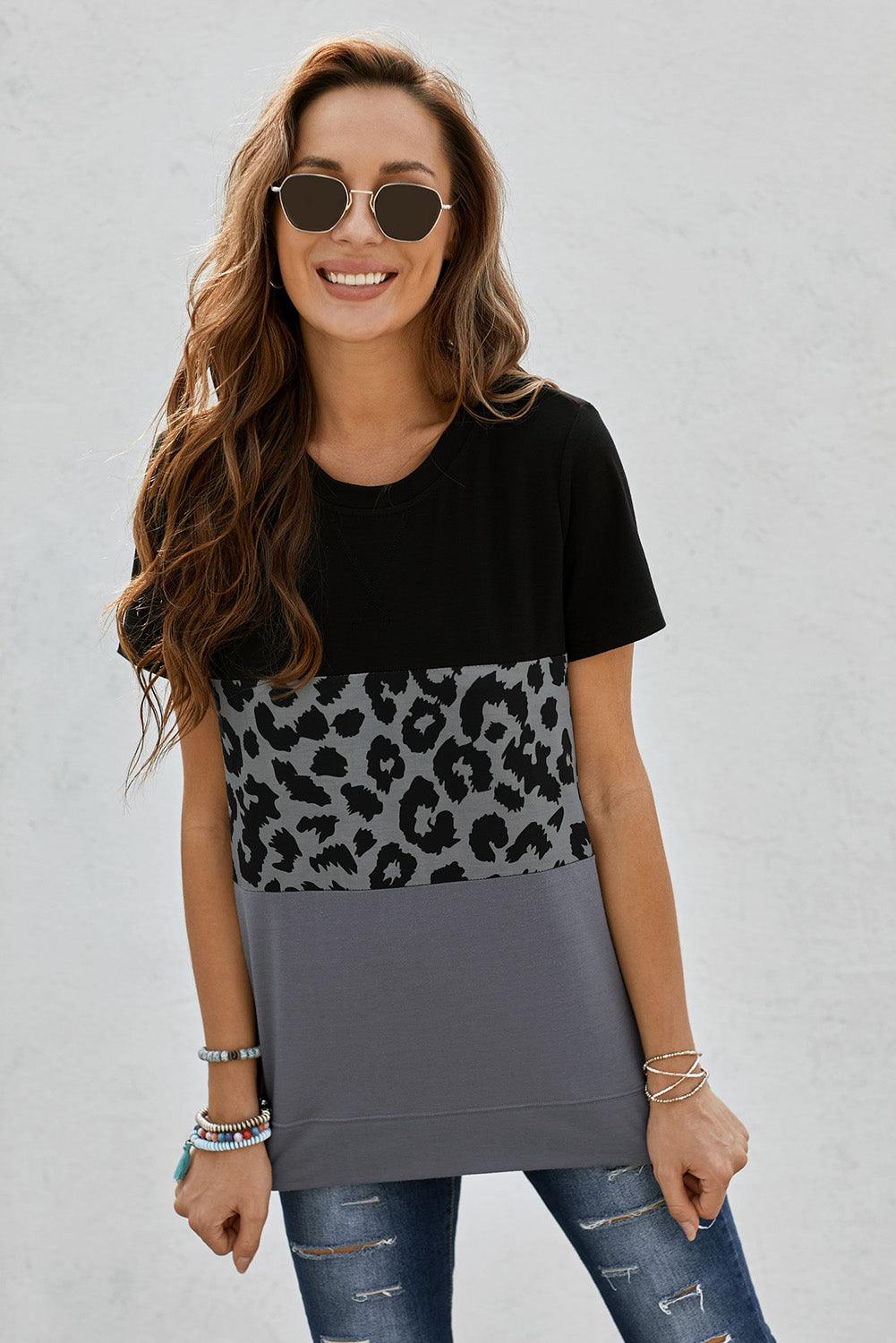 Leopard Print Color Block Short Sleeve T-Shirt - BELLATRENDZ