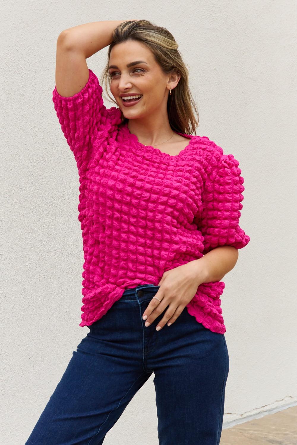And The Why Full Size Bubble textured Puff Sleeve Top - BELLATRENDZ