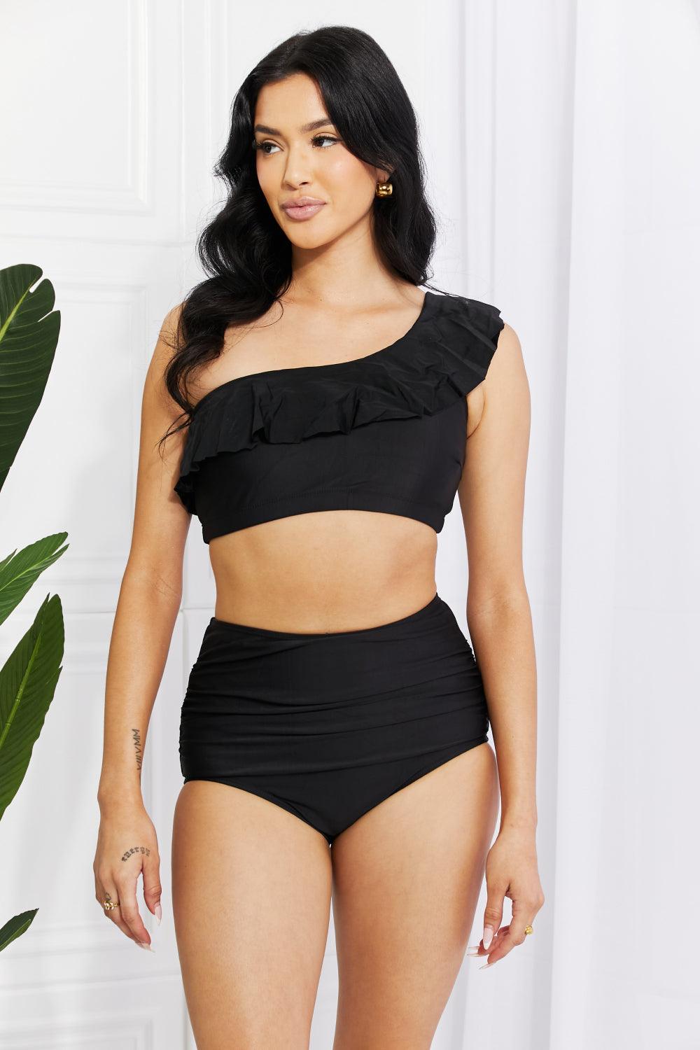 Marina West Swim Seaside Romance Ruffle One-Shoulder Bikini in Black - BELLATRENDZ