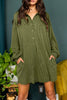 Moss Green Corded Buttons Placket Drop Shoulder Collared Shift Dress