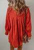 Tomato Red Bishop Sleeve Button Up Pleated Mini Shirt Dress