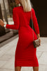 Fiery Red Long Sleeves Wrap V Neck Ruched Sheath Bodycon Dress