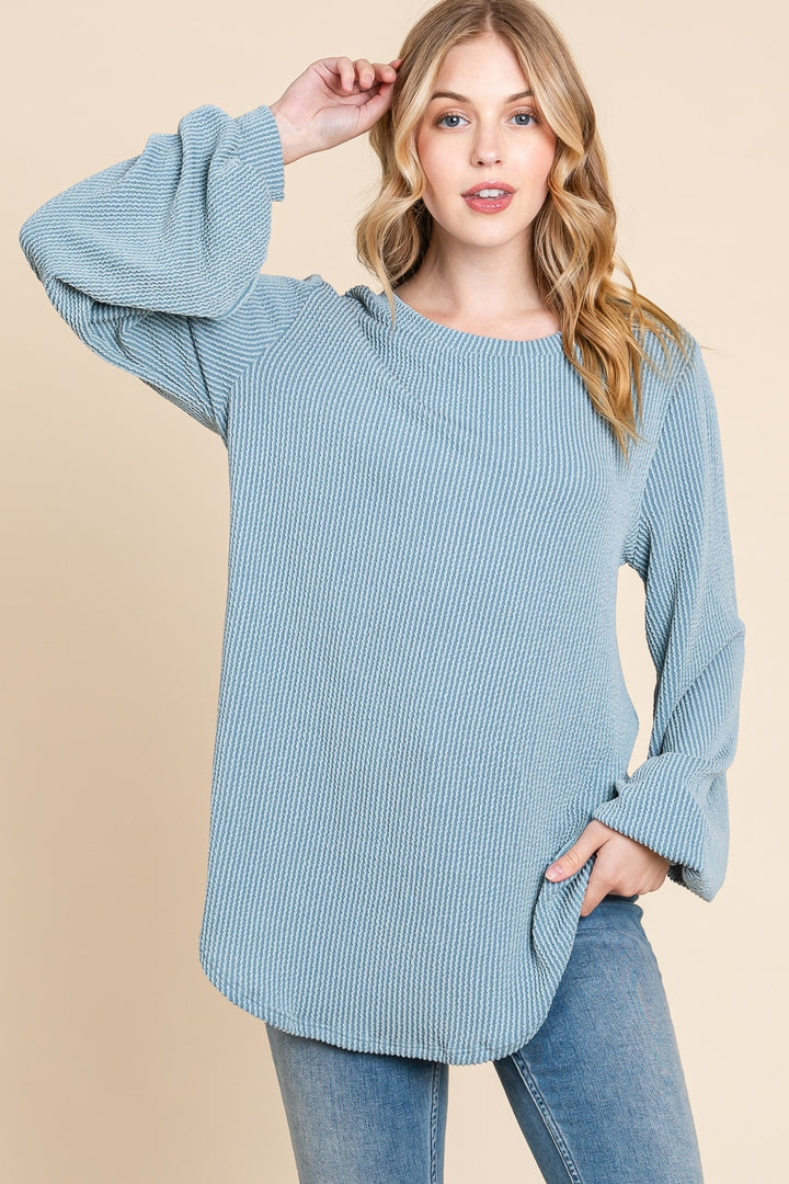 BOMBOM Long Sleeve Curved Hem Ribbed T-Shirt