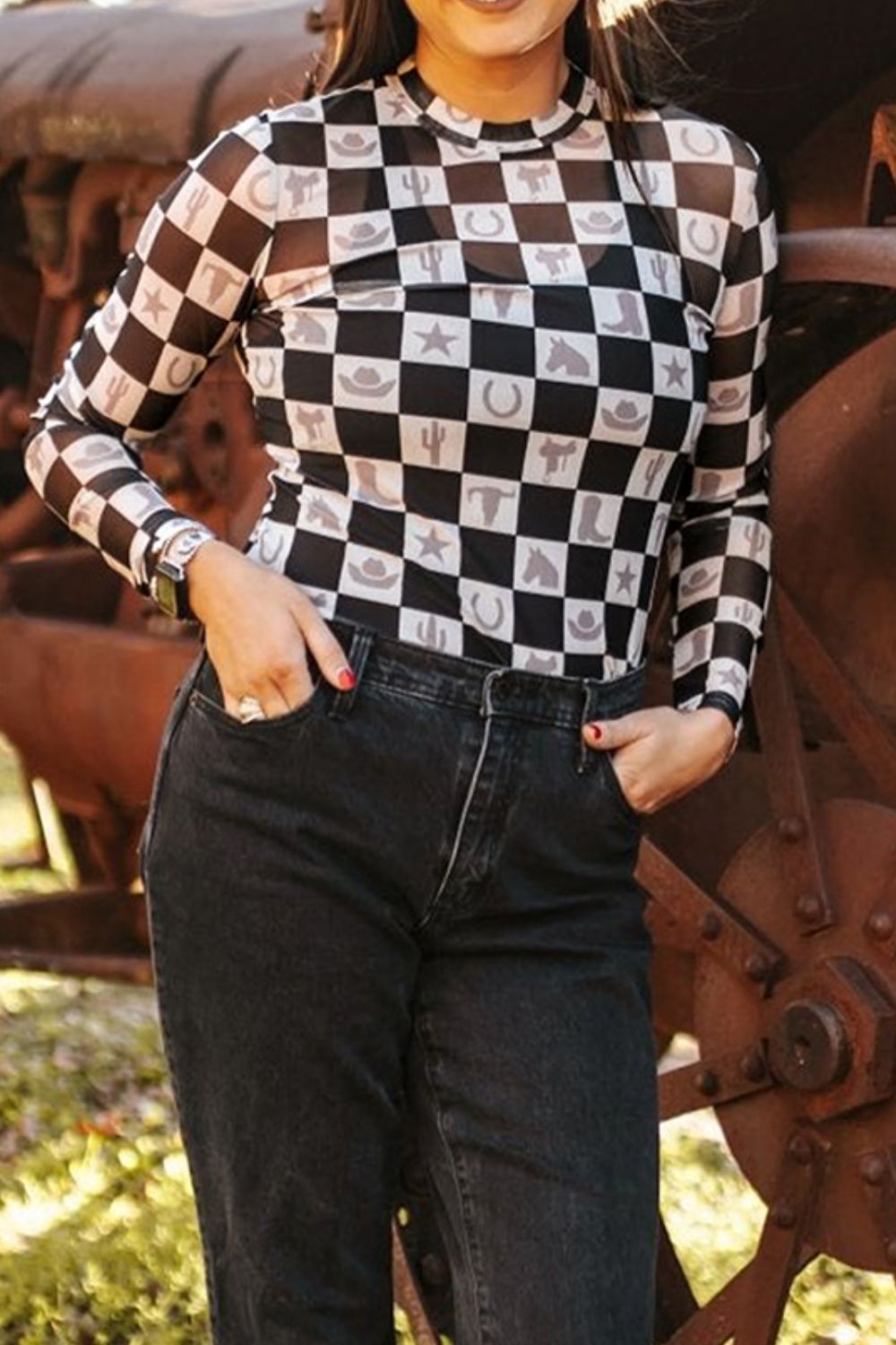 Checkered Mock Neck Long Sleeve Top