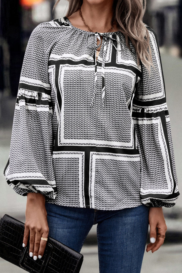 Contrast Printed Tie Neck Balloon Sleeve Blouse