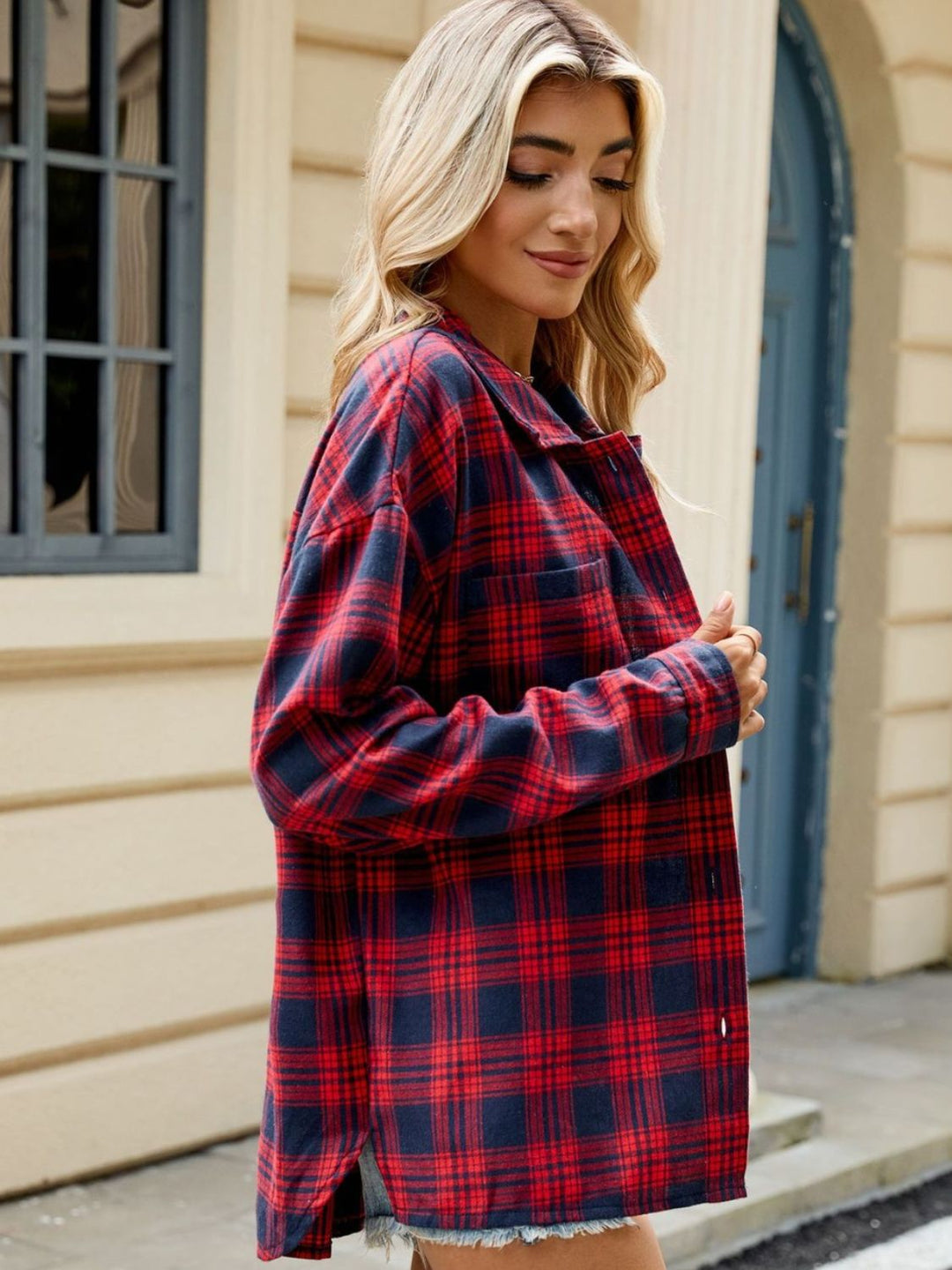 Plaid Collared Neck Long Sleeve Shirt