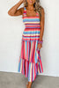 Red Stripe Ruffled Straps Smocked Tiered Long Dress