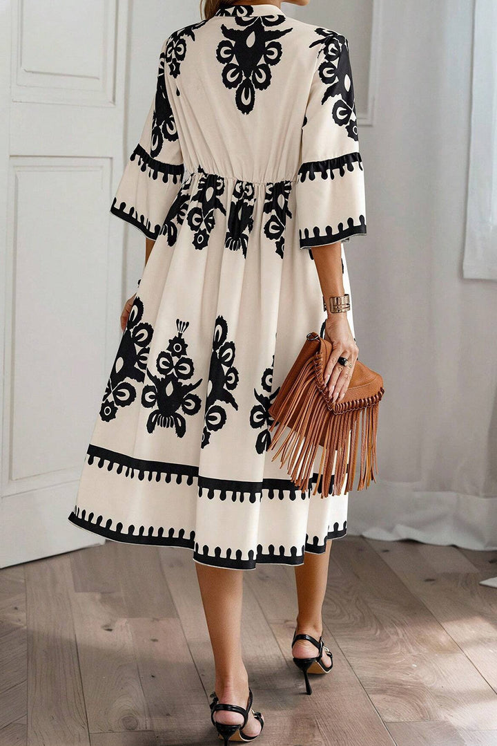 Black Western Geometric Print 3/4 Sleeve Loose Midi Dress