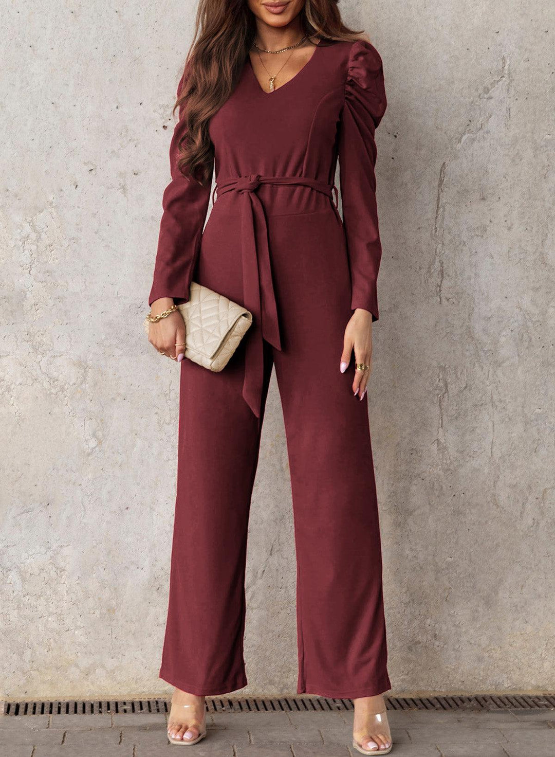 Belted Long Puff Sleeve V-Neck Jumpsuit - BELLATRENDZ