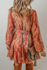 Orange Boho Paisley Print Long Sleeve Pleated Belted Mini Dress