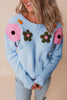 Crochet Flower Round Neck Dropped Shoulder Sweater