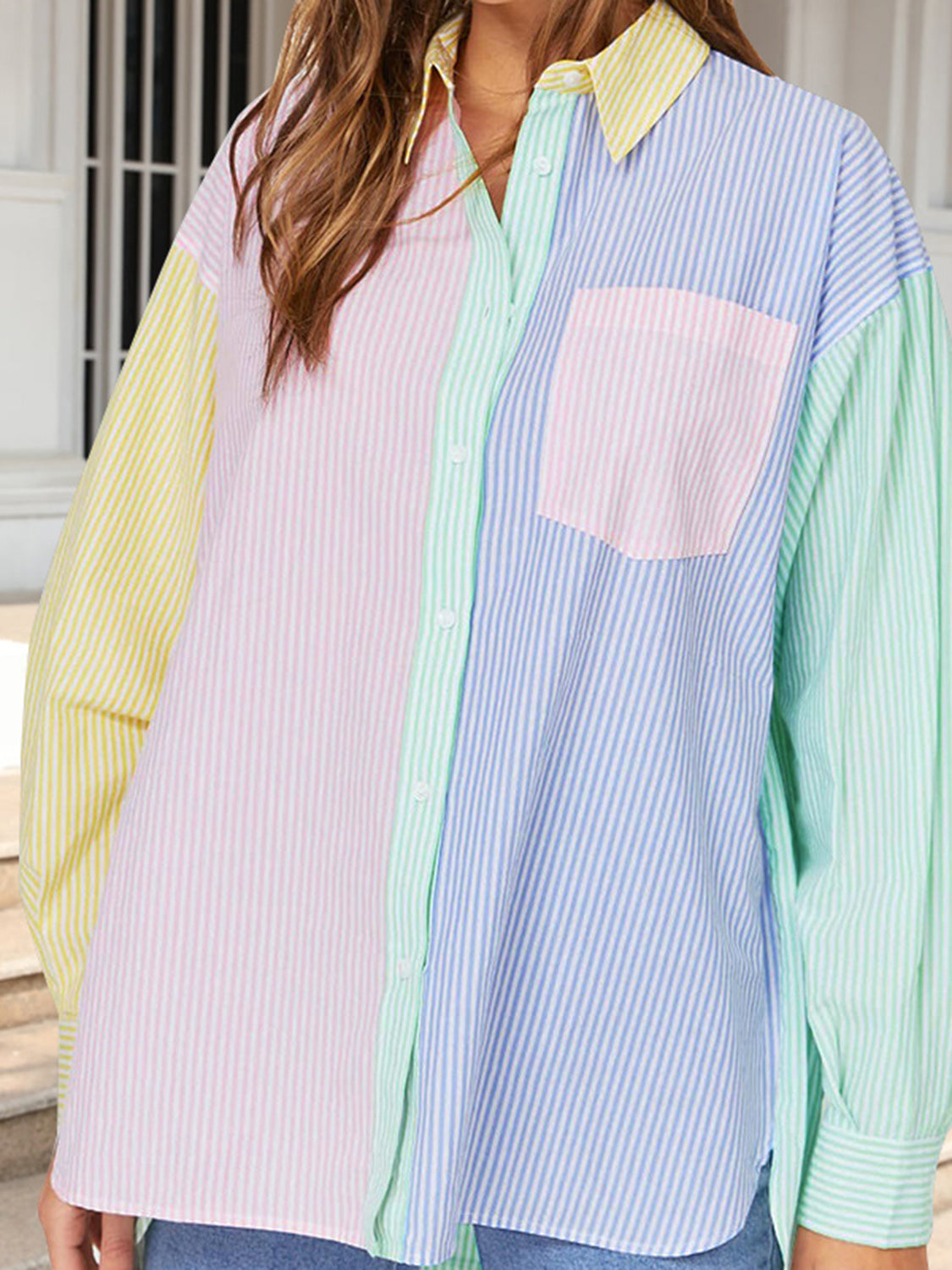 CHGBMOK Womens Color Block Button Down Shirts Long Sleeve