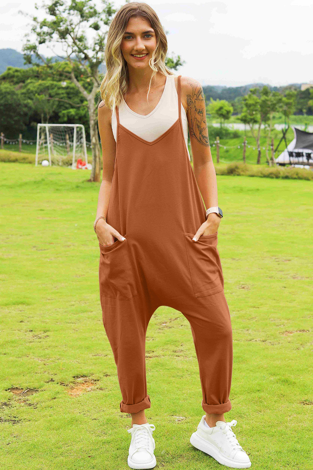 Double Take Full Size Sleeveless V-Neck Pocketed Jumpsuit