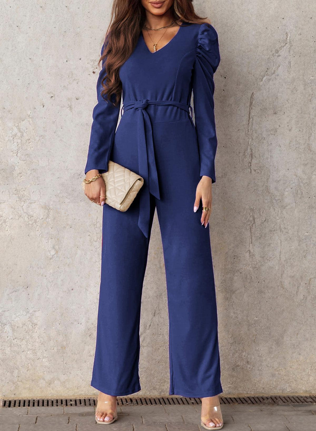 Belted Long Puff Sleeve V-Neck Jumpsuit - BELLATRENDZ