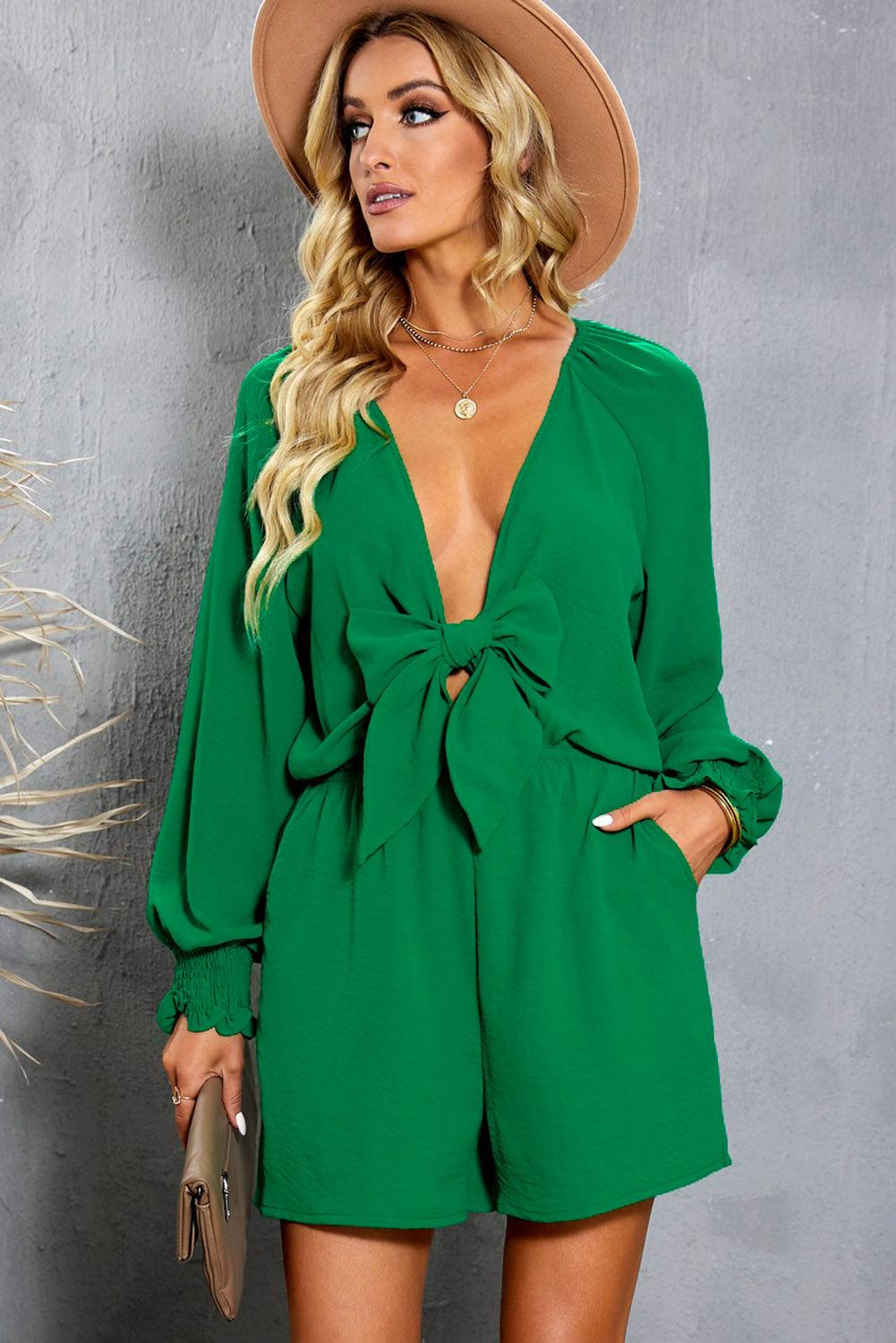 Tied Flounce Sleeve Plunge Romper - BELLATRENDZ