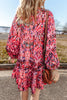 Rose Abstract Printed Tassel Tied Neck Long Sleeve Ruffled Mini Dress