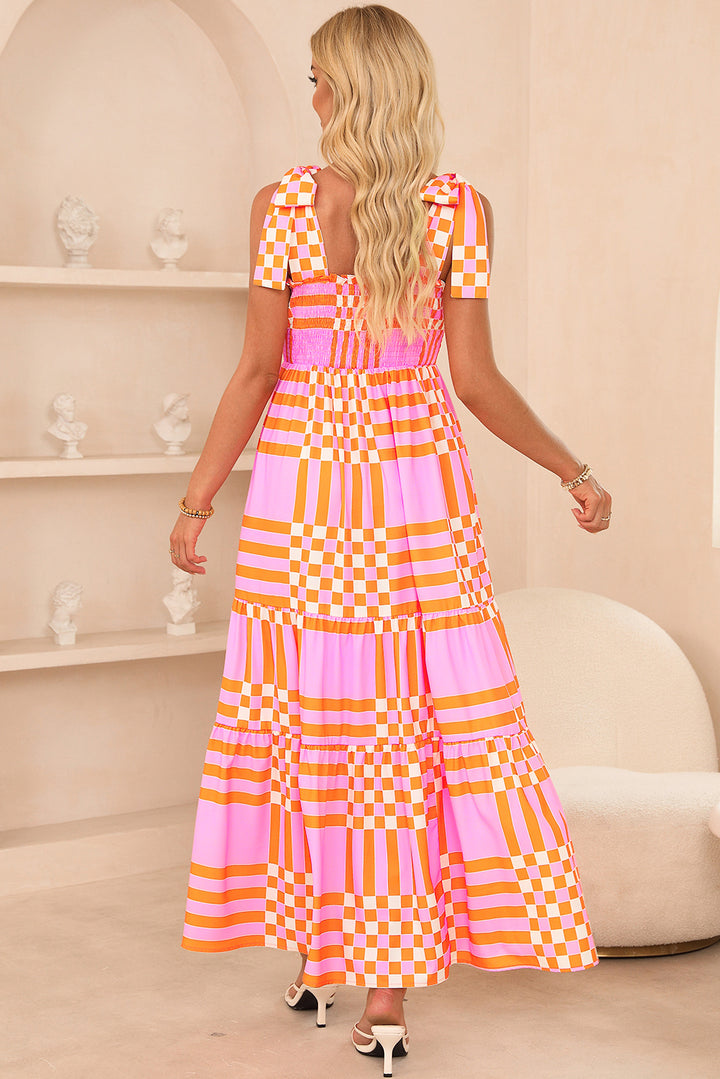 Pink Boho Gingham Tied Straps Smocked Maxi Dress