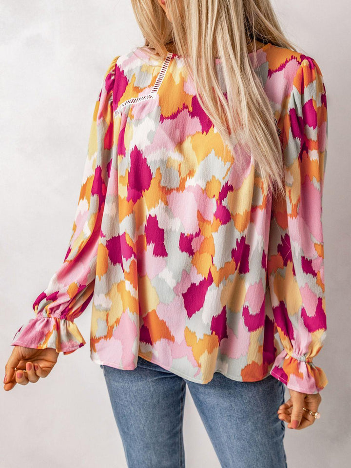 Printed Flounce Sleeve Buttoned Blouse - BELLATRENDZ