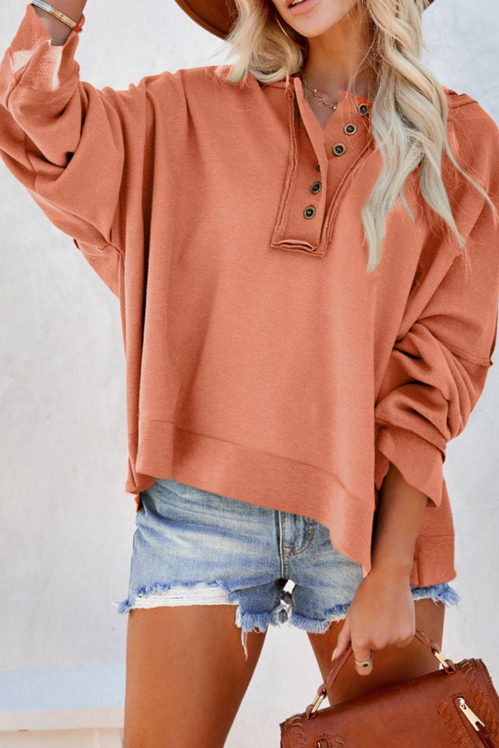 Quarter-Button Exposed Seam Dropped Shoulder Hoodie - BELLATRENDZ