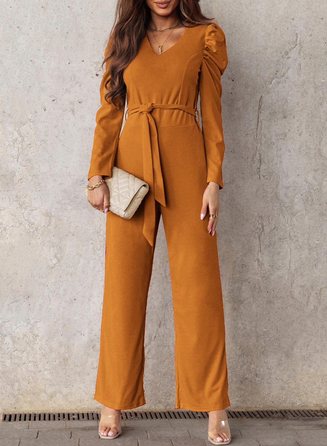 Belted Long Puff Sleeve V-Neck Jumpsuit - BELLATRENDZ