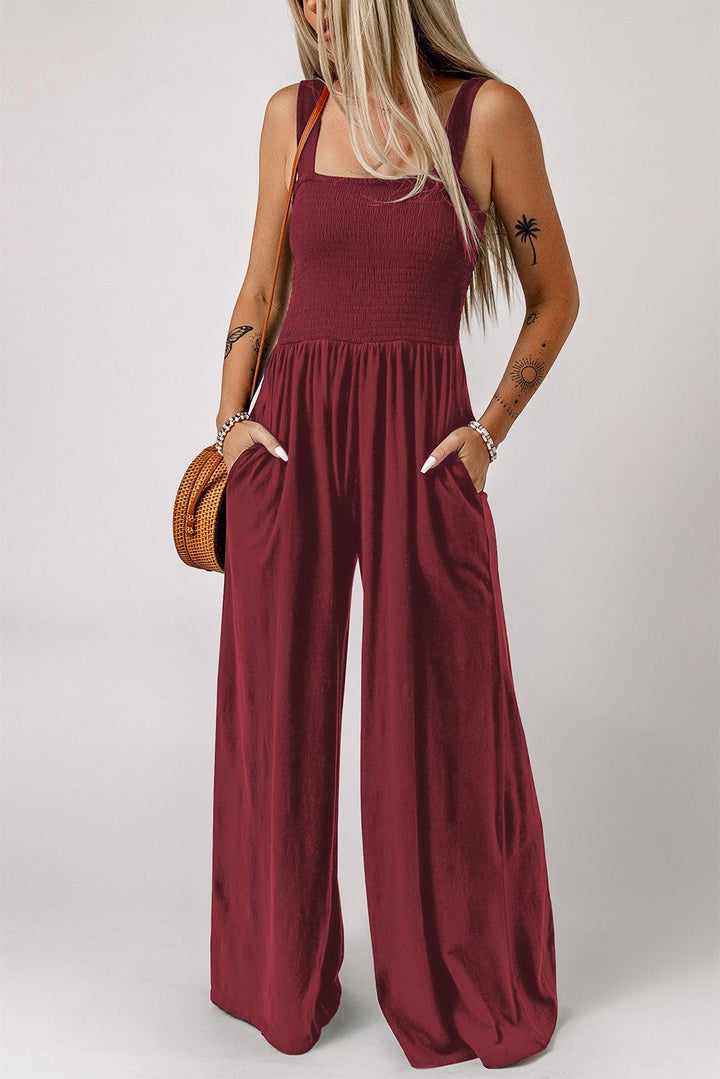 Smocked Square Neck Wide Leg Jumpsuit with Pockets - BELLATRENDZ