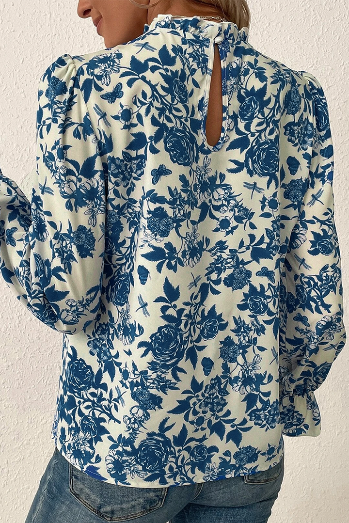 Sky Blue Floral Print Flounce Sleeve Keyhole Back Blouse