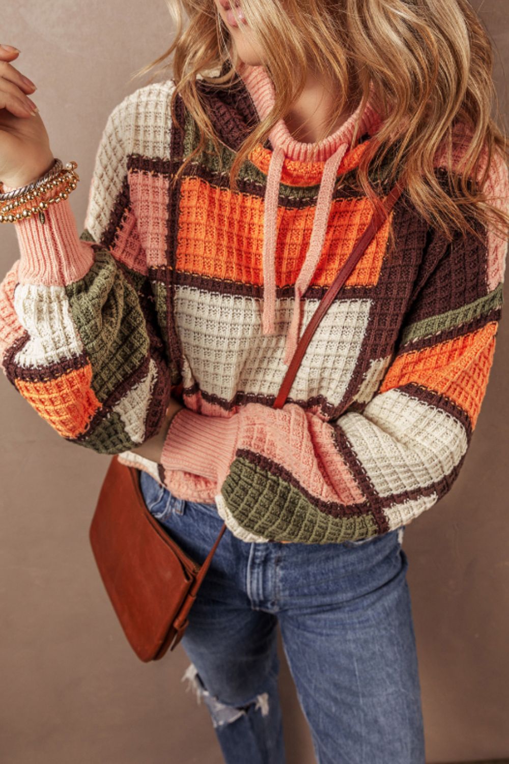 Drawstring Color Block Mock Neck Sweater