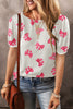 Sky Blue Flower Print Bubble Sleeve Tee