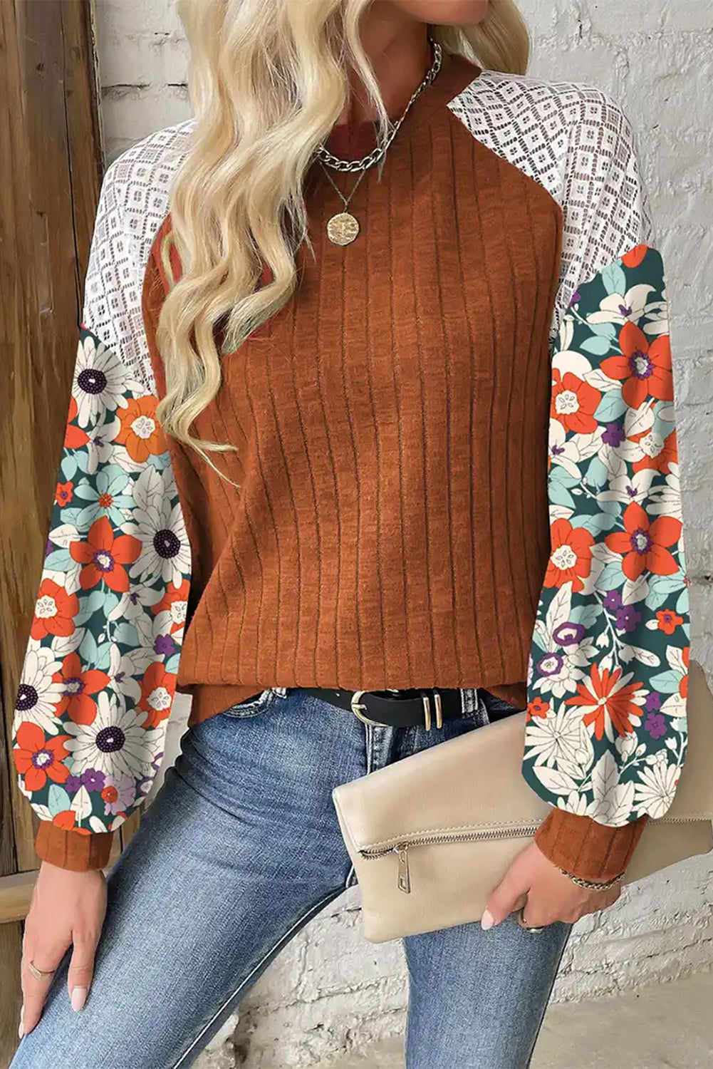 Laurel Green Floral Patchwork Long Sleeve Ribbed Blouse