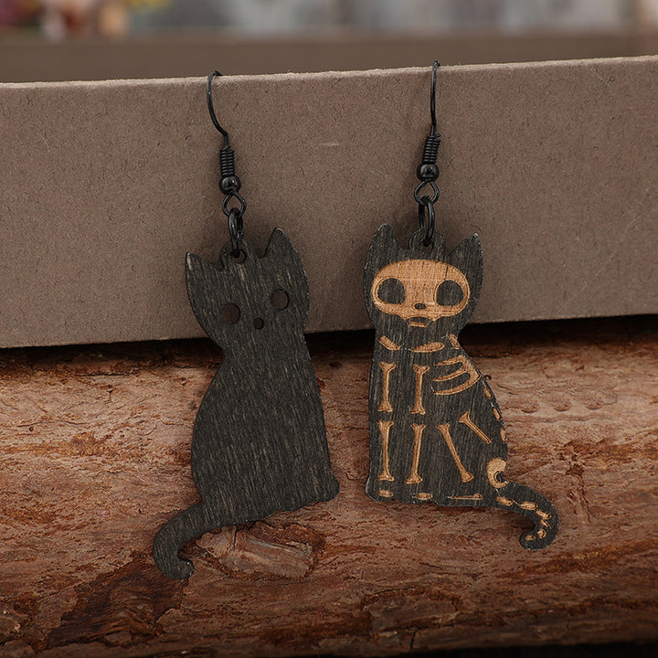 Alloy Hook Wooden Cat Earrings