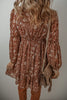 Brown Boho Floral Ruffled Puff Sleeve V Neck Mini Dress