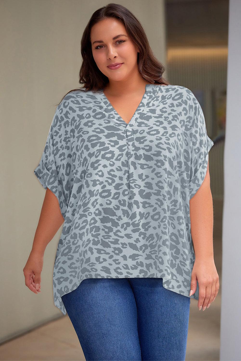 Plus Size Printed Notched Neck Half Sleeve Top - BELLATRENDZ