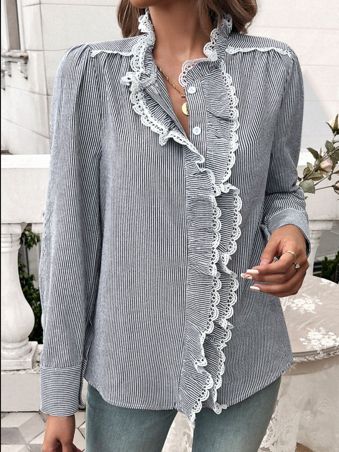 Lace Detail Ruffled Round Neck Long Sleeve Shirt