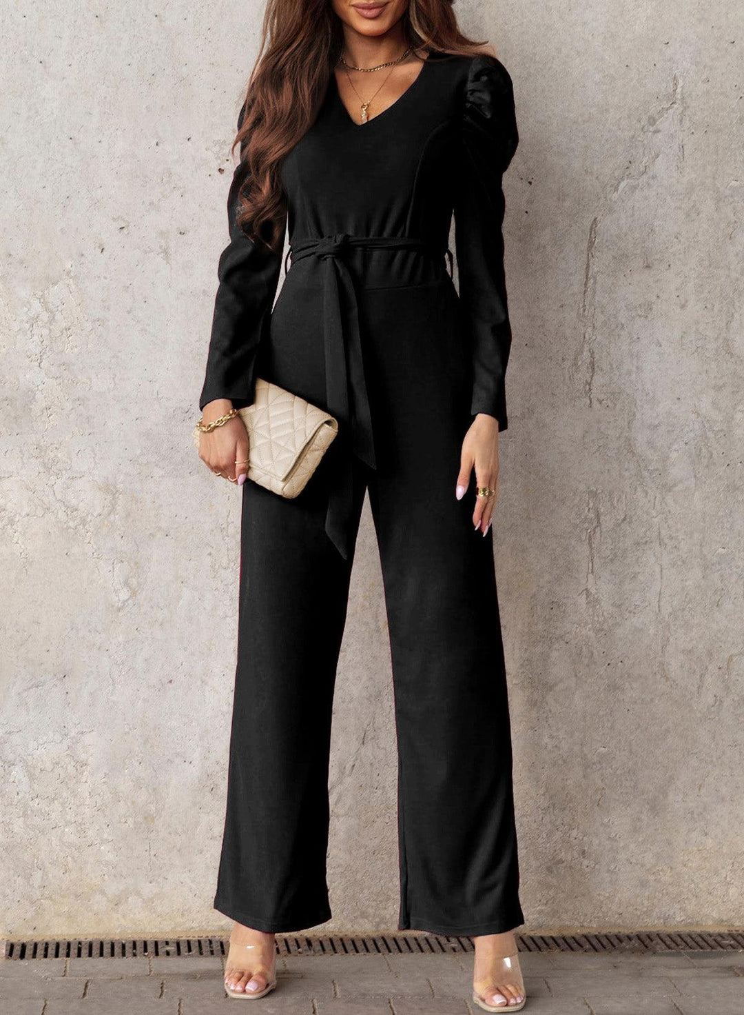 Belted Long Puff Sleeve V-Neck Jumpsuit - BELLATRENDZ