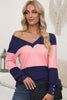 Color Block V-Neck Long Sleeve Top