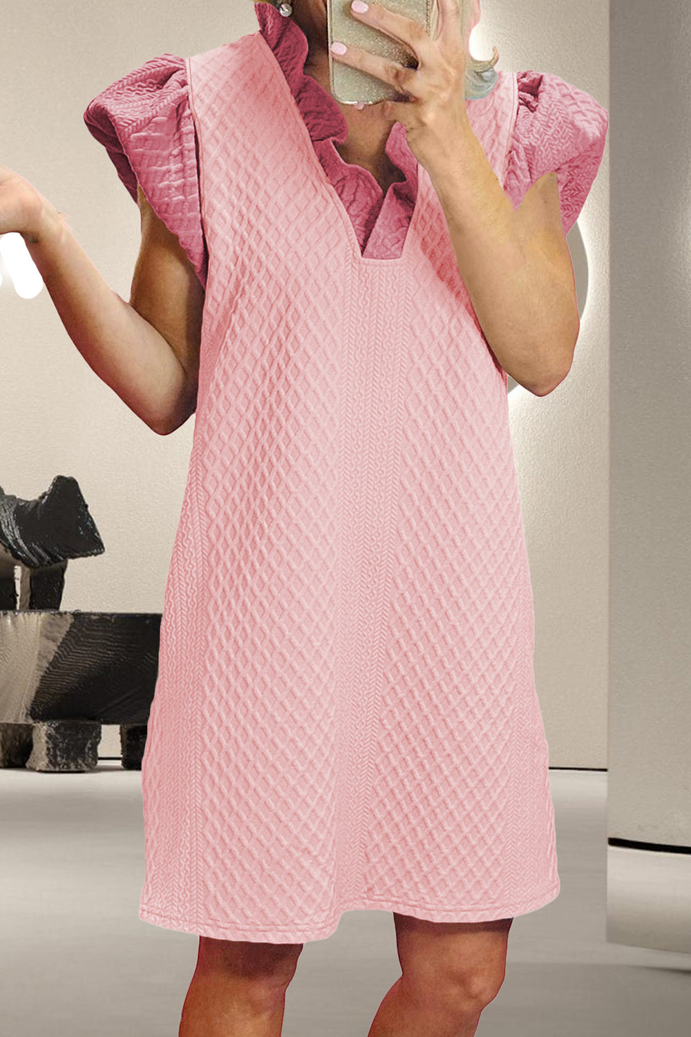 Ruffled V-Neck Cap Sleeve Mini Dress