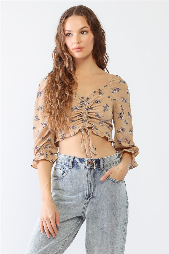 Tasha Apparel Floral Ruffle Smocked Back Ruched Crop Top