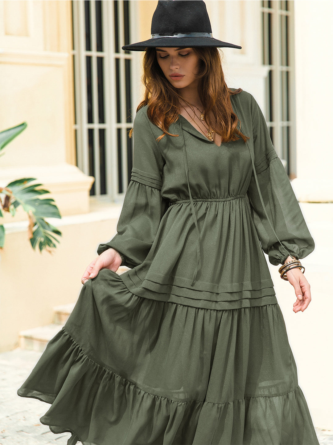 Tie Neck Long Sleeve Midi Tiered Dress